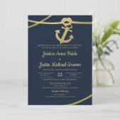 Rope Anchor Gold und Navy Blue Wedding Einladung (Stehend Vorderseite)