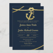 Rope Anchor Gold und Navy Blue Wedding Einladung (Vorne/Hinten)