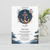 Rope Knot Boot Schiff Marine Blue Nautical Wedding Einladung (Stehend Vorderseite)