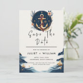 Rope Knot Boot Schiff Marine Blue Nautical Wedding Save The Date (Stehend Vorderseite)