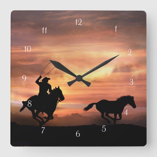 Roping Cowboy and Wild Horse Quadratische Wanduhr (Vorderseite)