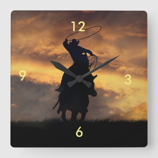 Roping Cowboy und Steer Clock Quadratische Wanduhr (Vorderseite)