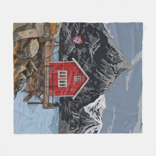 Rorbu Lofoten Bergen Norwegen Landschaftsbild Illu Fleecedecke (Vorderseite (Horizontal))