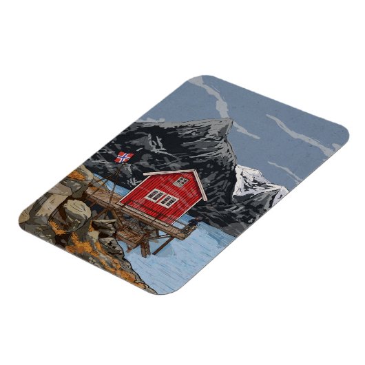 Rorbu Lofoten Bergen Norwegen Landschaftsbild Illu Magnet (Linke Seite)