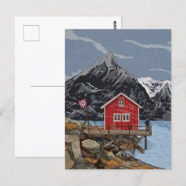 Rorbu Lofoten Bergen Norwegen Landschaftsbild Illu Postkarte