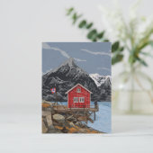 Rorbu Lofoten Bergen Norwegen Landschaftsbild Illu Postkarte (Stehend Vorderseite)