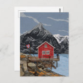 Rorbu Lofoten Bergen Norwegen Landschaftsbild Illu Postkarte (Vorne/Hinten)