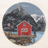 Rorbu Lofoten Bergen Norwegen Landschaftsbild Illu Runder Pappuntersetzer (Vorderseite)