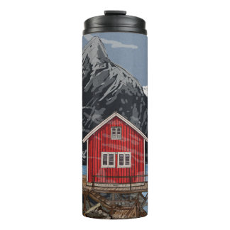Rorbu Lofoten Bergen Norwegen Landschaftsbild Illu Thermosbecher