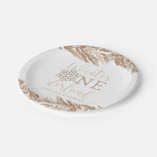 RORY Boho Beige Winter Wonderland Erster Geburtsta Pappteller (Schrägansicht)