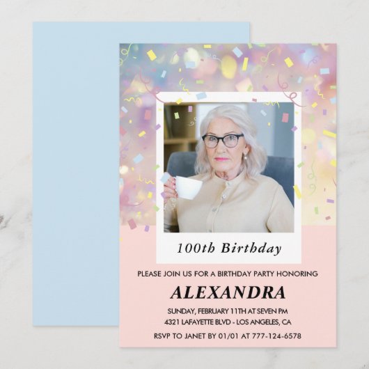Rosa 100. Geburtstag Einladungen Confetti Foto (Vorne/Hinten)
