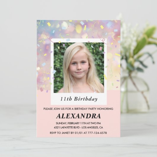 Rosa 11. Geburtstag Einladungen Confetti Foto (Stehend Vorderseite)