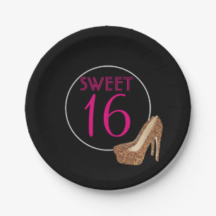 Rosa 16. Geburtstag-Geburtstags-GoldGlitzer-Heels Pappteller