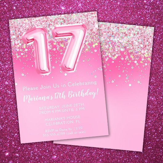 Rosa 17. Geburtstag Einladung Girly Pink Glitzer