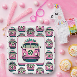 Rosa 1970er Hippie Van Retro Vintag Style Geburtst Pappteller