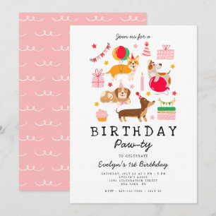 Rosa 1. Geburtstag Lasst uns pawty Party Einladung