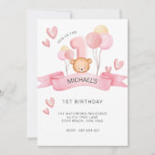 Rosa 1. Geburtstag, Teddybär Einladung (Vorderseite)