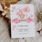 Rosa 1. Geburtstag, Teddybär Einladung