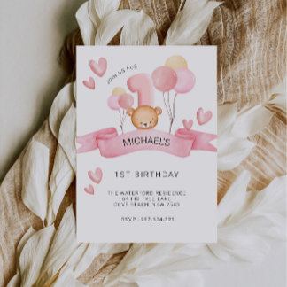 Rosa 1. Geburtstag, Teddybär Einladung