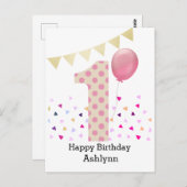 Rosa 1. Geburtstagskarte Postkarte (Vorne/Hinten)