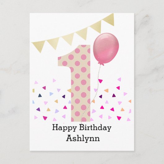 Rosa 1. Geburtstagskarte Postkarte (Vorderseite)