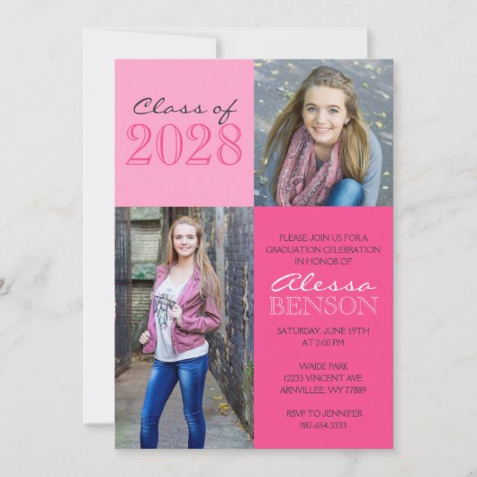 Rosa 2 Toned Classic 2 Foto Abschluss Einladung (Vorderseite)