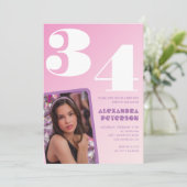 Rosa 34. Geburtstagseinladungen Retro Foto Einladung (Stehend Vorderseite)