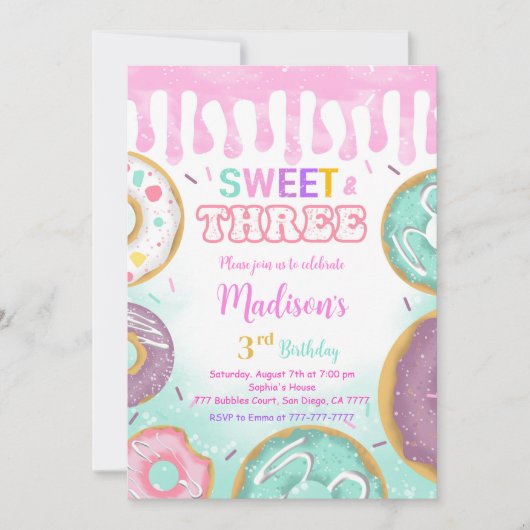 Rosa 3. Geburtstag Donut Party Einladung (Vorderseite)