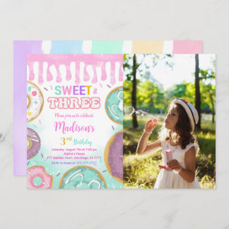 Rosa 3. Geburtstag Donut Party Foto Einladung