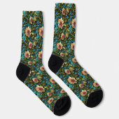 Rosa 3D-Blume Grüne Blätter auf blau Socken (Rechts)