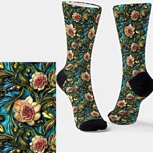 Rosa 3D-Blume Grüne Blätter auf blau Socken