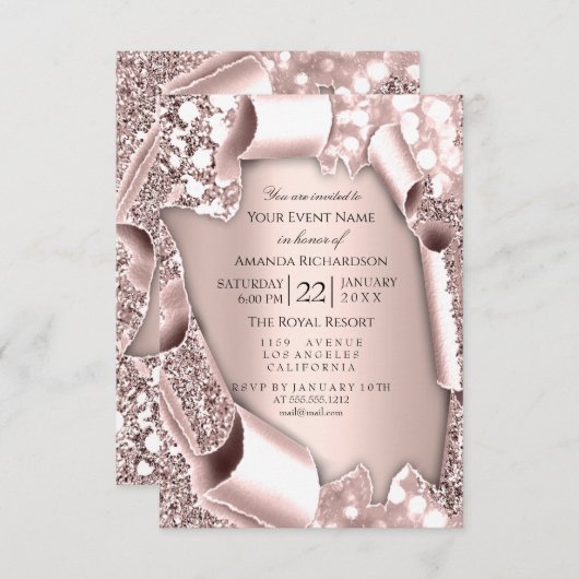 Rosa 3D-Glitzer-Effektrahmen-Initialen Einladung (Vorne/Hinten)