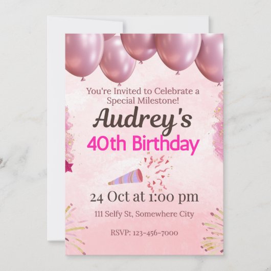 Rosa 40. Geburtstag Thema Einladung (Vorderseite)