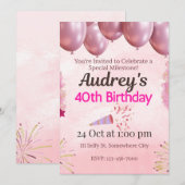 Rosa 40. Geburtstag Thema Einladung (Vorne/Hinten)