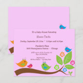 Rosa 4 Birdies und Blume Kinderdusche Einladung (Vorne/Hinten)