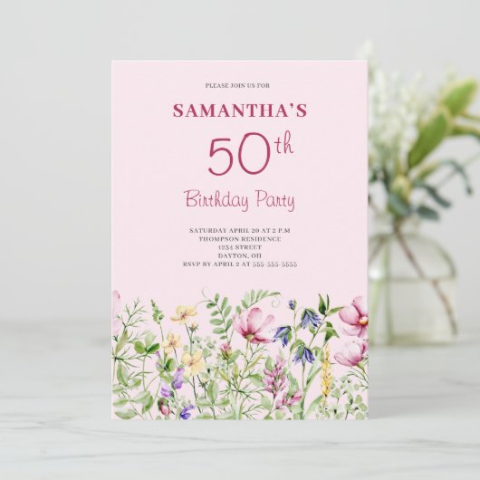 Rosa 50. Geburtstag Einladung (Stehend Vorderseite)