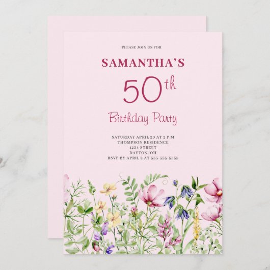 Rosa 50. Geburtstag Einladung (Vorne/Hinten)