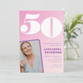 Rosa 50. Geburtstagseinladungen Retro Foto Einladung (Stehend Vorderseite)