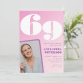 Rosa 69. Geburtstagseinladungen Retro Foto Einladung (Stehend Vorderseite)