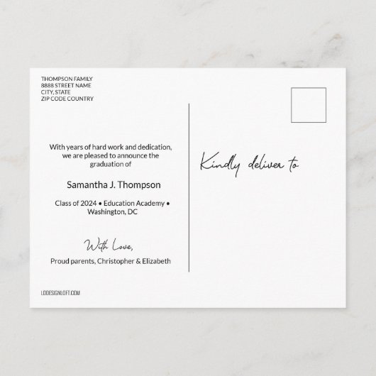 Rosa Abschluss Dann und Jetzt Graduieren Fotos Ankündigungspostkarte (Rückseite)