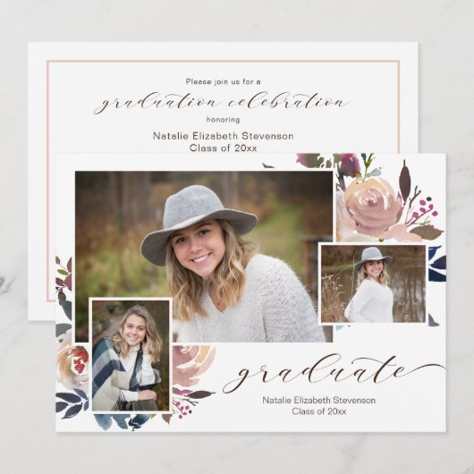 Rosa Abschluss Foto Einladung (Vorne/Hinten)