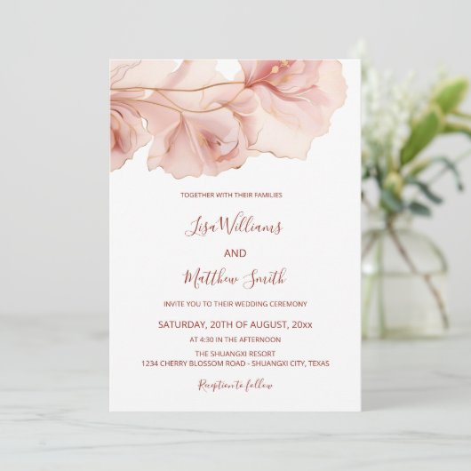 Rosa Abstrakte Blume Foto Hochzeit Einladung (Stehend Vorderseite)