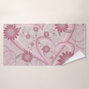 Rosa Abstrakte Herzen & Blume Liebe Fraktal Art Badehandtuch