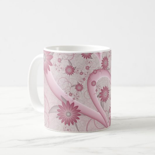 Rosa Abstrakte Herzen & Blume Liebe Fraktal Art Kaffeetasse (Vorderseite Links)