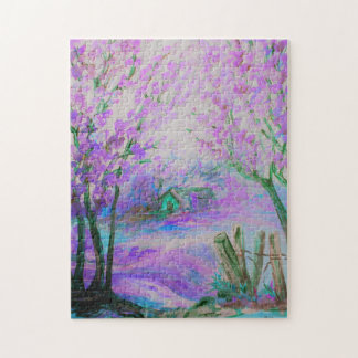 Rosa abstrakte Landschaft mit Bäumen und Hütte Puzzle
