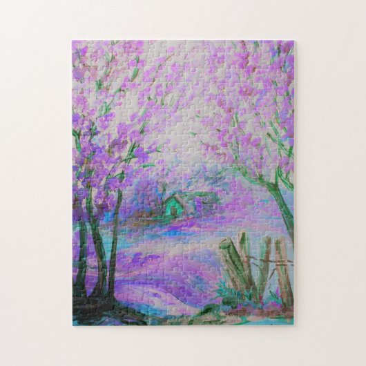 Rosa abstrakte Landschaft mit Bäumen und Hütte Puzzle (Vertikal)
