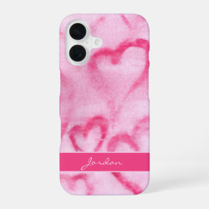 Rosa abstrakte Wasserfarbe-Herzen mit Namen Girly iPhone 16 Hülle