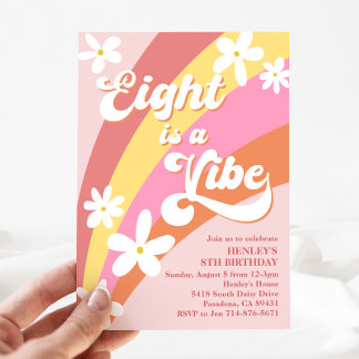 Rosa acht ist ein Vibe Retro Daisy Rainbow Birthda Einladung