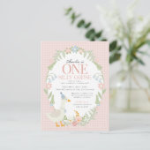 Rosa Albern Gänse Floral Gingham Erster Geburtstag Postkarte (Stehend Vorderseite)