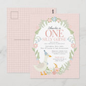Rosa Albern Gänse Floral Gingham Erster Geburtstag Postkarte (Vorne/Hinten)